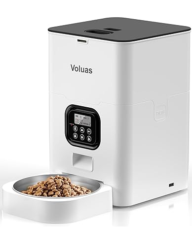 VOLUAS Automatic Cat Feeders - Timed Pet Feeder for Cats and Dogs with Dry Food Dispenser, Desiccant Bag, Programmable Portion Control, 4 Daily Meals, 10s Voice Recorder - 4L - White Opaque