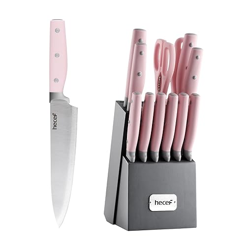 hecef Kitchen Knife Block Set, 14 Pieces Knife Set with Wooden Block & Sharpener Steel & All-purpose Scissors, High Carbon Stainless Steel Cutlery Set (Pink) - Pink
