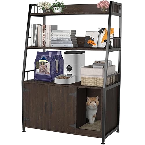 GDLF Large Hidden Cat Litter Box Enclosure Furniture with Shelf Wood Sturdy Cat Washroom Storage with Scratch, Dark Brown - Dark Brown - Large