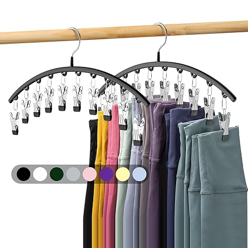 Legging Organizer for Closet, Metal Yoga Pants Hangers 2 Pack w/10 Clips Holds 20 Leggings, Space Saving Hanging Closet Organizer w/Rubber Coated Closet Organizers and Storage, Black - Black - 2 Pack