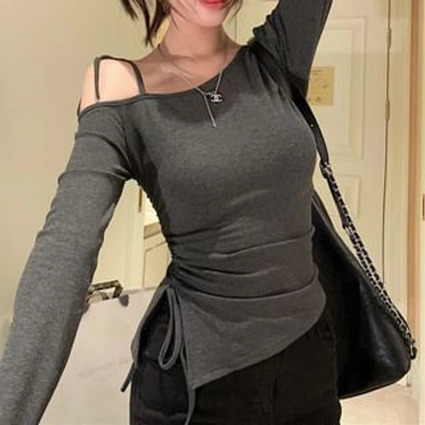 Cold-Shoulder Long-Sleeve Asymmetrical Plain T-Shirt