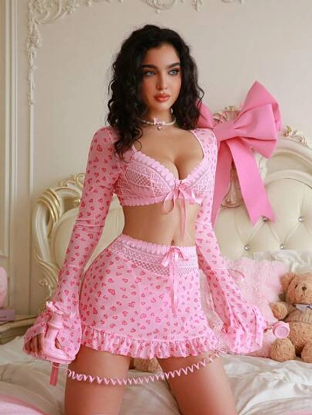 SHEIN PetitDoll 3pcs Sexy Women's Printed Mesh And Spliced Lace Lingerie Set