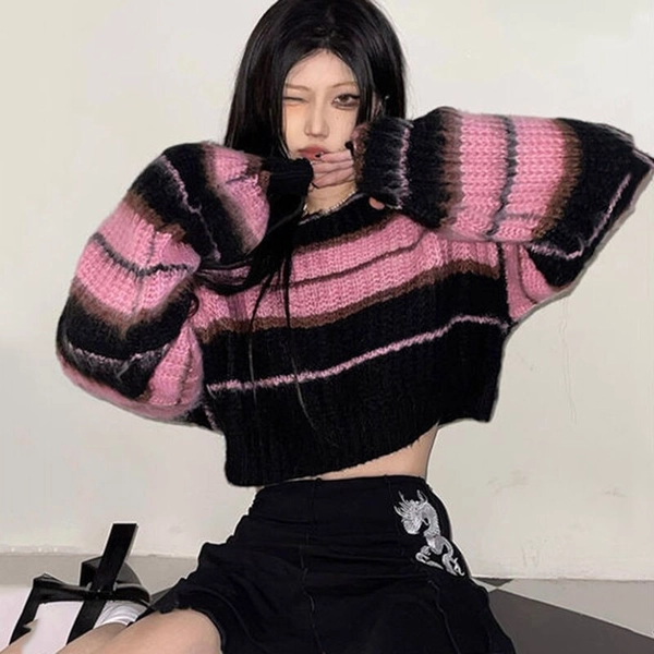 'Milkshake' Black & Pink Stripe Sweater - Grunge, Emo, Goth
