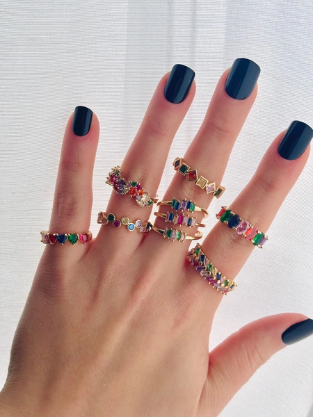 14K Gold Rainbow Ring: CZ Adjustable Colorful Ring