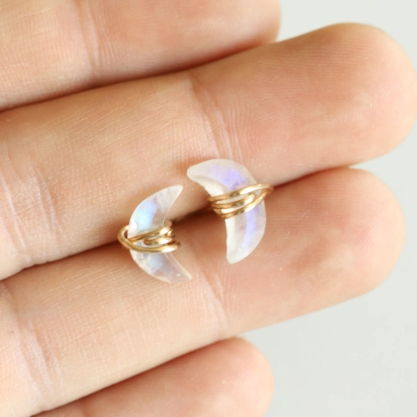 Rainbow Moonstone Studs, Rainbow Moonstone Earrings, Crescent Moon Earrings, June Birthstone, Rainbow Moonstone Crescent Post Earrings