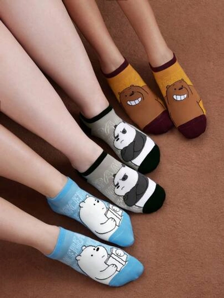 We Bare Bears X SHEIN 3pcs/Pack Cute Cartoon Bear Pattern Women Ankle Socks