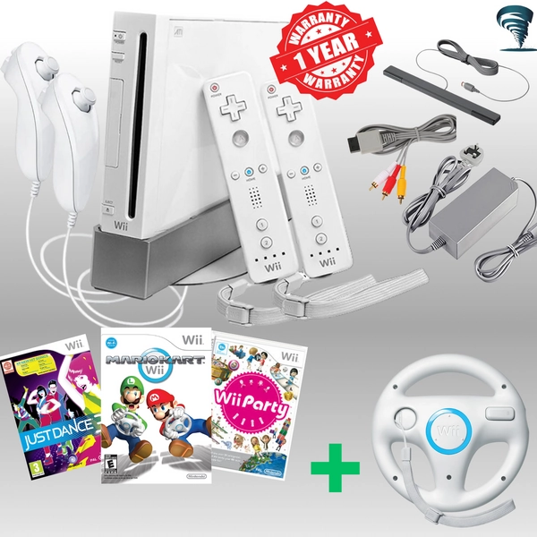 Nintendo Wii Console Inc Mario Kart + 2 Games Steering Wheel 2 Remotes + Cables