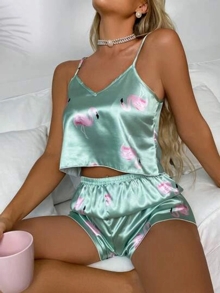 Flamingo Print Satin Cami Top & Shorts PJ Set / Pajama Set