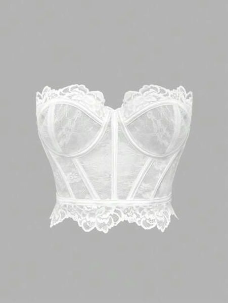 Flirla Corpiño de encaje con aros, top de corsé blanco con ballenas y detalles recortados, con bordes superior e inferior cortados al azar