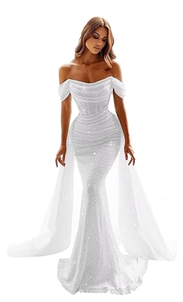 Sparkly Sequins Mermaid Prom Dresses for Women 2025 Off Shoulder Long Formal Evening Dress Detachable Train