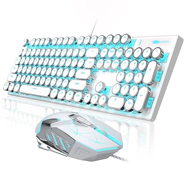 Retro Typewriter Keyboard and Mouse Combo, Cute White Keyboard with Linear Red Switches, Full Size Wired Mechanical Gaming Keyboard, Cool Light Up Keyboard and Mouse for Gaming,Work,Mac,PC,Windows