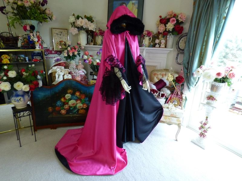 Masquerade Ball Unisex Cape 58"/70" Reversible Hot-Pink / Black Satin & fur-trimmed Hooded with Lace flared drape Arm-slits Handmade in USA