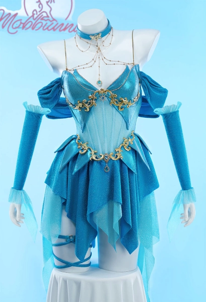 Bloom Derivative Sexy Lingerie Dress Low Cut Irregular Blue Dress with Sleeves Choker Cosplay Costume