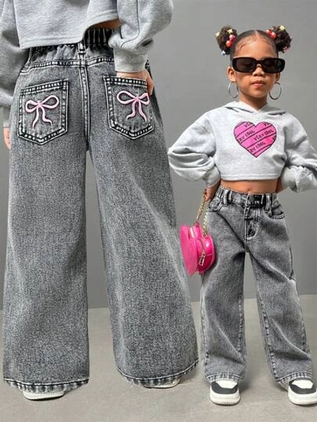 SHEIN Streecool Kids Young Girls Fashionable Casual Washed Denim Straight-Leg Pants With Embroidered Back Pockets Wide Leg Jeans Kidsbaggy Jeans Young Girl Girls