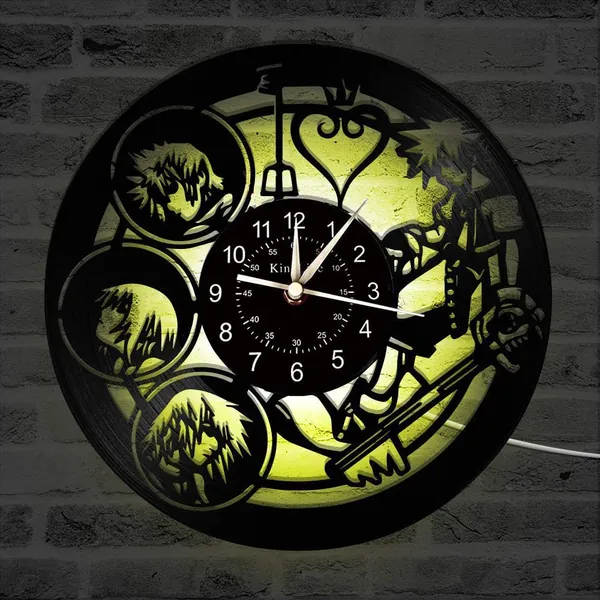 Smotly Horloge Murale Vinyle, Kingdom Hearts caractère décoration Murale 3D Grande Horloge, Les lumières LED colorées Cadeau Horloge Murale à la Main,A
