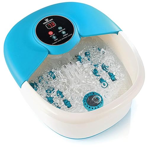 Medical king Foot Spa Massager with Heat, 14 Rollers in Foot Shape - 5 in 1 Foot Bath Massager - Adjustable Heating, Bubbles, Vibration, Pumice Stone, Mini Massage Points - White, Blue
