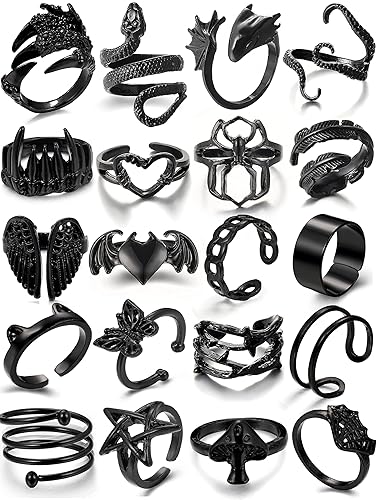 Black Gothic Vintage Rings Set - 20-30 PCS Cool Punk Jewelry with Snake, Butterfly, and Star Stacking Rings, Gift for Men, Women, Boys - Black 1