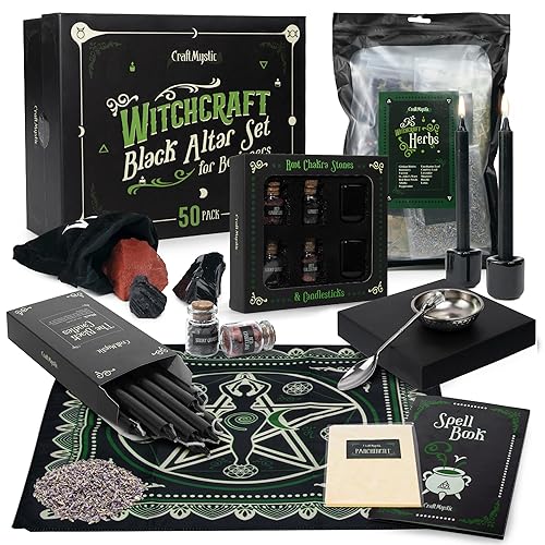 Witchcraft Supplies Wiccan Tools for Beginners - 50 Set Witchy Gifts Starter Kit Box - Crystals for Witchcraft Dried Herbs Spell Jars Candles - Spiritual Altar Witch Stuff for Pagan Gothic Room Decor