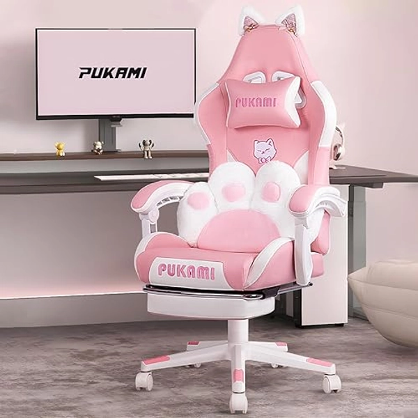 PUKAMI Pink Gaming Chair Cute with Cat Ears and Cat Paw Lumbar Cushion, Ergonomic Computer Chair for Girl with Footrest and Headrest, Comfortable Reclining PC Game Chair for Adult, Teen, Pink - Pink