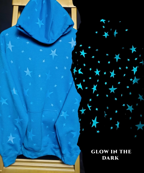 Sapphire Blue hoodie with sapphire blue glow in the dark stars all over