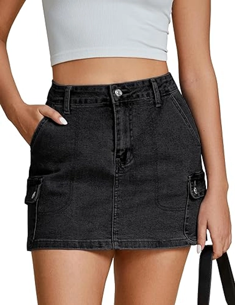 luvamia Jean Skirts for Women Denim Trendy High Waisted Mini Cargo Pockets Stretchy Short Skirt Country Concert Outfits