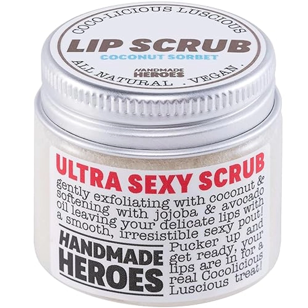 Handmade Heroes 100% Natural Lip Scrub, Vegan Conditioning Coconut Exfoliator - Gentle Exfoliant, Sugar Polish and Scrubber for Chapped Dry Lips, 1oz (Coconut Sorbet)