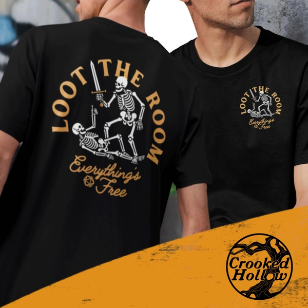 Loot the Room Dungeons and Dragons Pocket Tee | Funny Front Back DnD Shirt | Geeky Gamer Gift | Dungeon Master DM Gift | DnD Loot Bag Gift