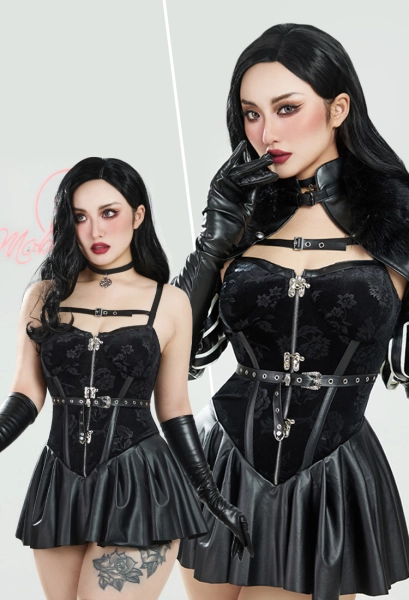 Yennefer Derivative Sexy Lingerie Set Black Dress and Short Jacket with Gloves and Belt Costume