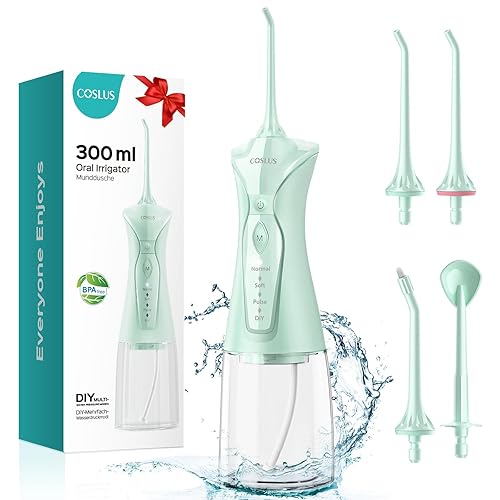 COSLUS Water Dental Flosser Pick for Teeth: 4 Modes Cordless Portable 300ML Larger Tank Water Teeth Cleaner IPX7 Waterproof Flossing Cleaning Picks for Home Travel FC5360 - Green