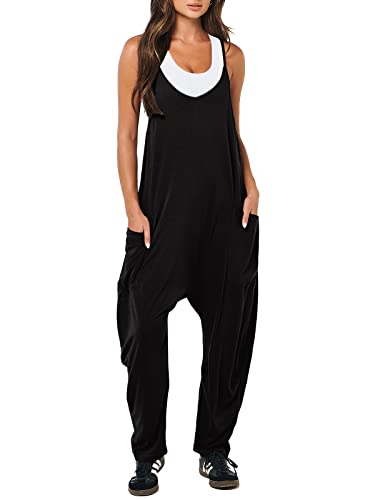 ANRABESS Women's Casual Loose Sleeveless Jumpsuits Adjustbale Spaghetti Strap V Neck Harem Long Pants Overalls with Pockets - Black - Medium
