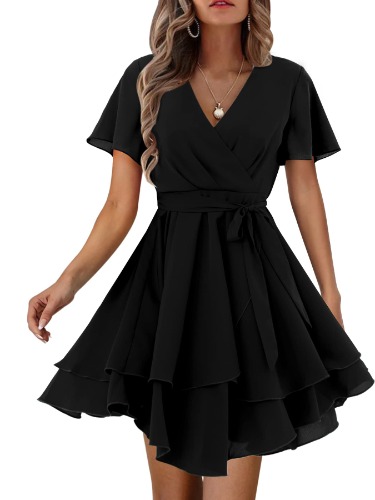 Amoretu Womens' Summer Dress with Short/Long Sleeve Wrap V Neck - Medium - A:black