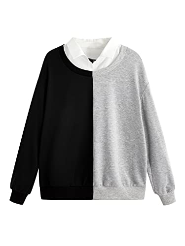 SweatyRocks Women's Contrast Collar Drop Shoulder Casual Long Sleeve Pullover Sweatshirt Tops - Large - Black and Grey