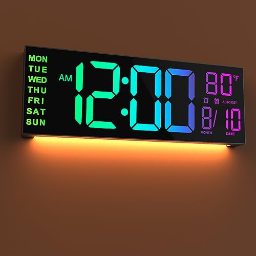 JALL 16" Large Digital Wall Clock with Remote Control, Dual Alarm with Big LED Screen Dispaly, 8 RGB Colors, Auto DST, Temperature for Living Room, Bedroom, Desk Decor, Mounted, Gift for Elderly