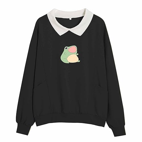 KIEKIECOO Cute Aesthetic Frog Sweatshirt for Teen Girls Kawaii Cartoon Graphic Hoodie Womens Preppy Cotton Pullover Sweaters - Black - Large