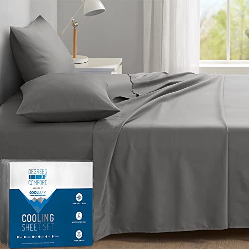 DEGREES OF COMFORT Coolmax Cooling Sheets | Queen Size Bed Sheet Set for Hot Sleepers | Soft Fabric with Deep Pocket, Grey-4PC - Grey - Queen