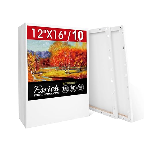 ESRICH Stretched Canvas for Painting 12x16 Inch, 10 Pack Blank Canvas -5/8 in Profile Primed Cotton White Canvases for Painting for Oil & Acrylic Paint - 10 Packs-1Sizes( 12*16in)