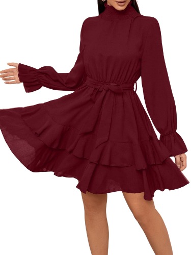 SweatyRocks Women's Elegant High Neck Flounce Sleeve High Waist Ruffle Belted Party Mini Dress - Medium - Burgundy