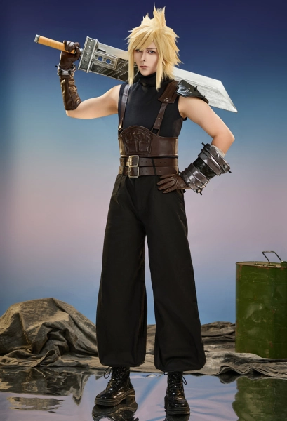 FF Cloud Cosplay Costume Top and Long Pants with Gloves and Hand Accessory