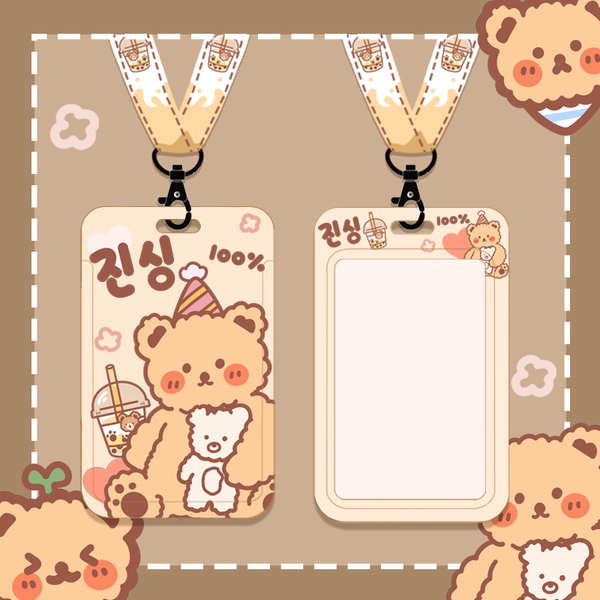 Cute Bear Card Holder Kawaii Badge Holders Cute ID Card Holders Bear Lover Gifts College Student Gifts for Coworkers - Brown