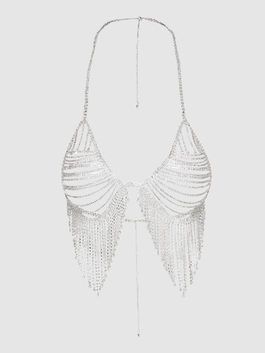 Ziggy Rhinestone Fringe Triangle Bra | Silver / 1SIZE