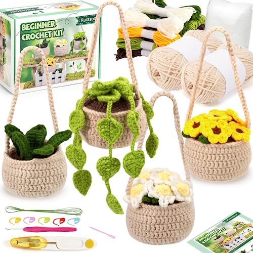 Karsspor Crochet Kit for Beginners - 4 PCS Hanging Potted Plants, Beginner Crochet Kit for Adults with Easy to Follow Tutorials (Patent Product) - 4 PCS Hanging Potted Plants