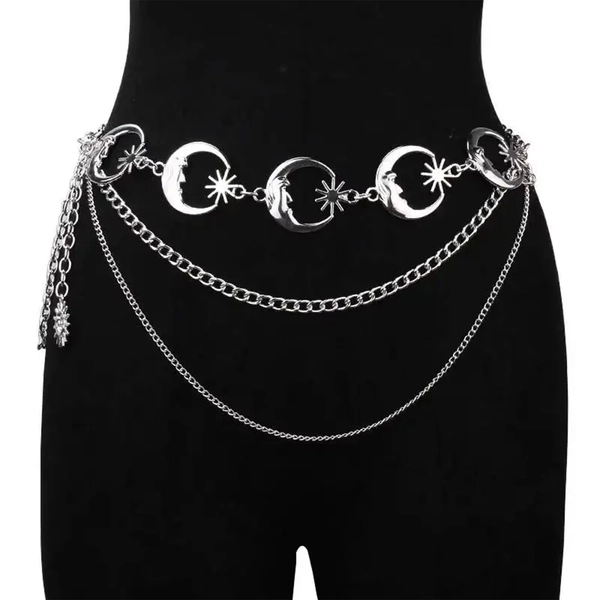 Gothic belt, Harajuku Punk Moon Metal Belts Women Vintage High Waist Chain Waist Belts Gothic Moon Sun Gold Pendant Belts Female
