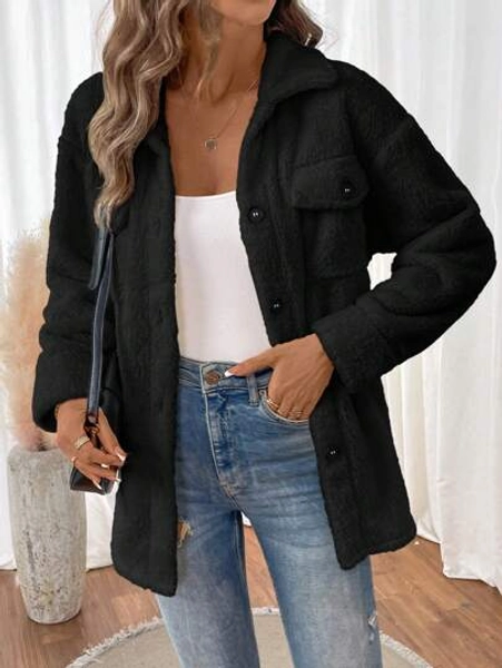 SHEIN LUNE Women's Warm Fleece-Lined Double Pocket Casual Jacket, Autumn-Winter