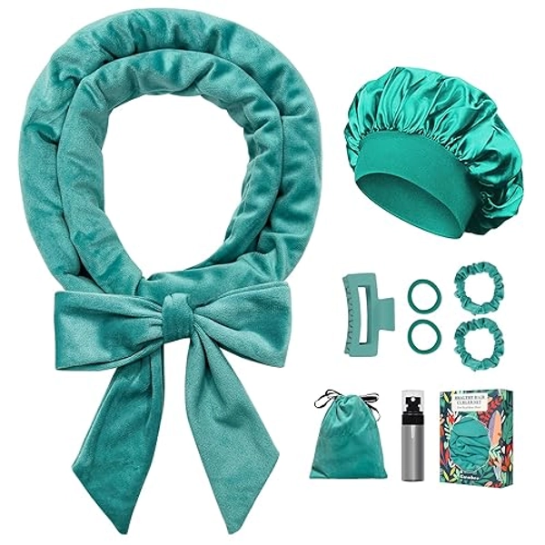 Gwabee No Heat Overnight Curl Headband, 70" Soft Ribbon Wrap for Long Hair, 9 PCS Hair Curling Rods Set - Blue Green
