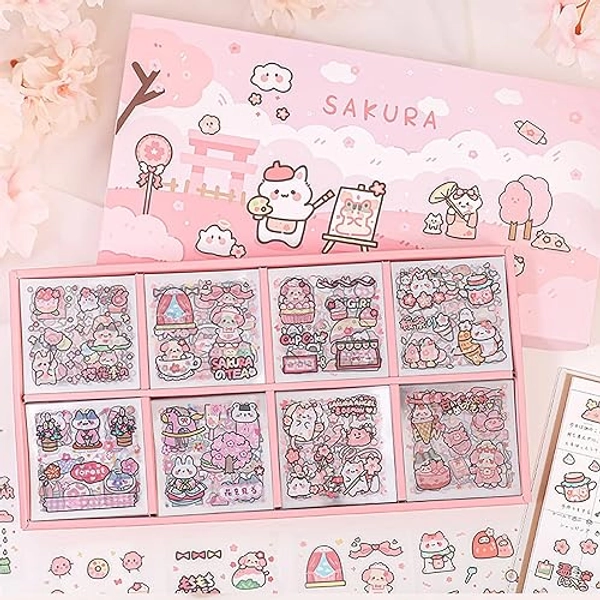 Doraking Waterproof Vinyl Transparent Flower Stickers, Kawaii Stickers for Notebook Laptop Scrapbook Journaling, 200 Sheets Cartoon Cute Stickers Boxed Gifts for Kids Teens Girls Boys