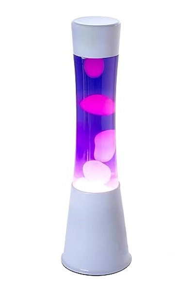 FISURA - Lila und weiße Lavalampe. Weiße Basis, violette Flüssigkeit und weiße Lava. Lavalampe mit Ersatzbirne. Abmessungen: 11 x 11 x 39,5 Zentimeter.