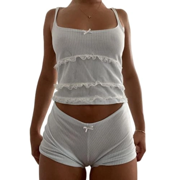 WZTYYDS Women Two Pieces Knitted Shorts Set Sleeveless Straps Floral Crop Tank Tops High Waist Shorts Outfits Streetwear