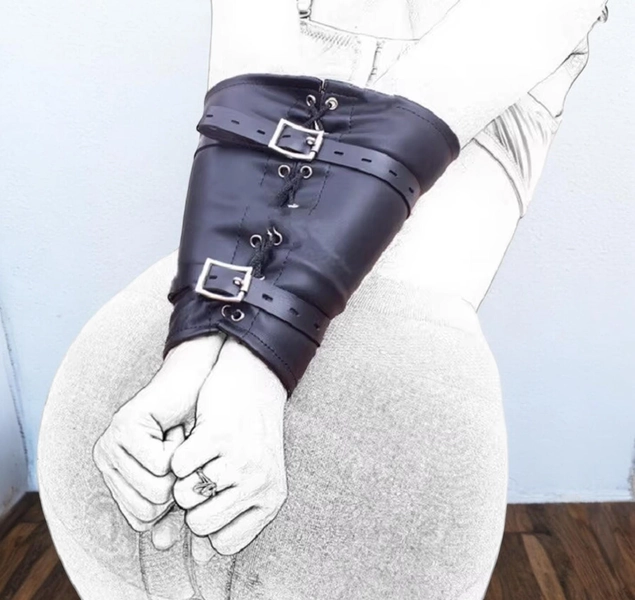 BDSM Restraint Adjustable Leather Back Bondage Armbinder Wrist Cuffs HandCuffs Single Gloves Arm Binder Strap Adult Game Sex Toy