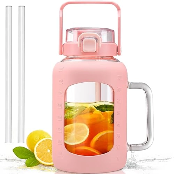 HYDRAGLAZIC 2 Liter Glass Water Bottle with Handle 2L Glass Tumblers with Straw and Lid Motivational Sports Water Jug with Time and Capacity Marker Leak-proof, Pink