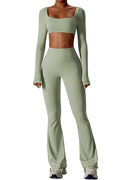 ABOCIW Workout Sets for Women 2 Piece Square Neck Long Sleeve Crop Tops High Waist Flared Leggings Gym Sets
